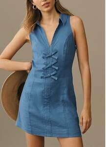 Blue Anthropologie Maeve Collared Halter Linen Mini Dress SIZE XSP